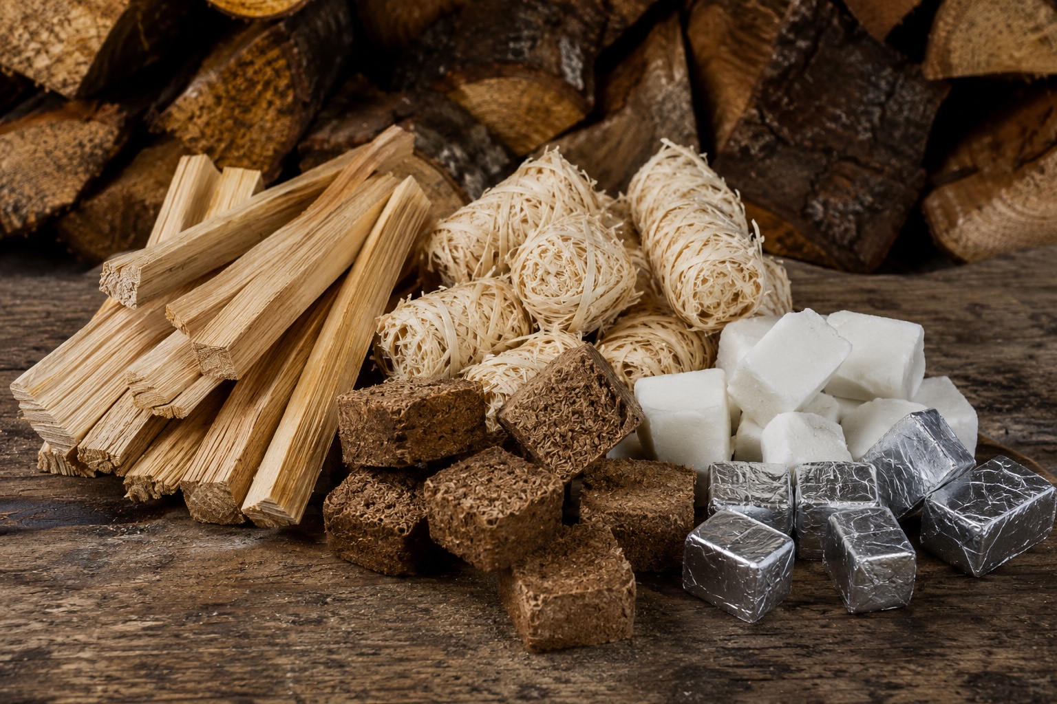 Kindling sticks, wood wool and wax firelighters for lighting a stove