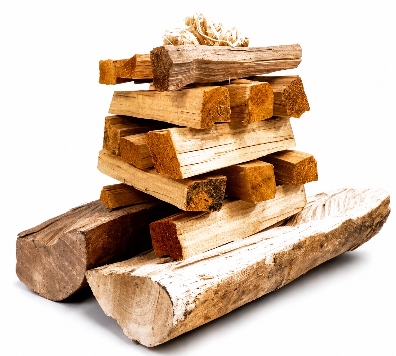 Logs and kindling stacked for the top-down fire lighting method