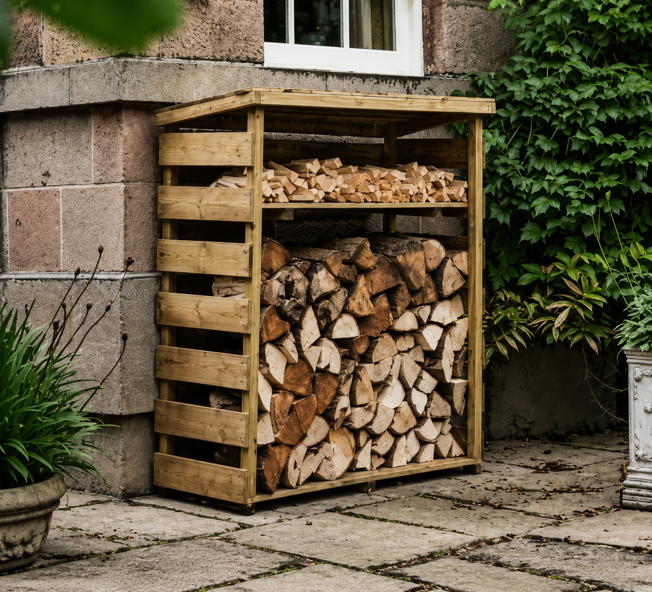 Log store with firewood stacked off the ground in a ventilated woodshed